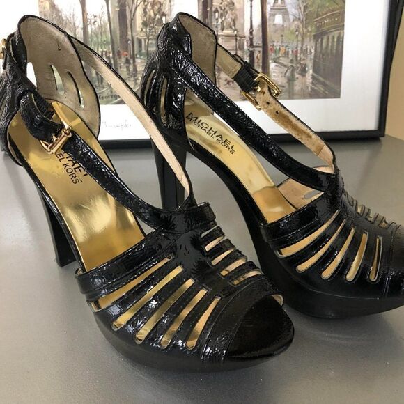 ‎Michael Kors Black Patent Leather Platform Sandals - Picture 1 of 16